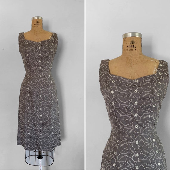 1950s cutwork floral fitted dress / vintage 50s pa