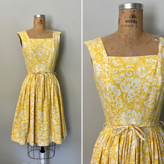 1960s Yellow Floral Pique Cotton Dress l 60s Flora