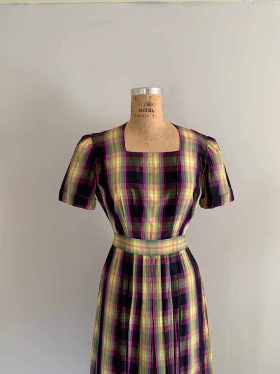 1940s Pastel Rainbow Plaid Taffeta Dress  / 40s t… - image 4