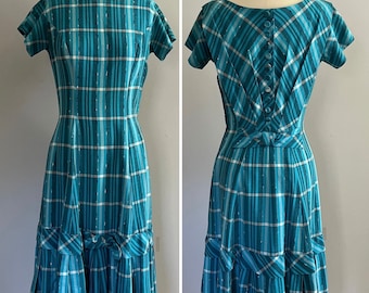 1950s Plaid Woven Dress l Fit and Flare Back Interest Dress l Small