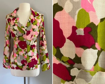 1960s Vintage Floral Blazer l 60s Pink and Chartreuse Floral Print Jacket - Medium