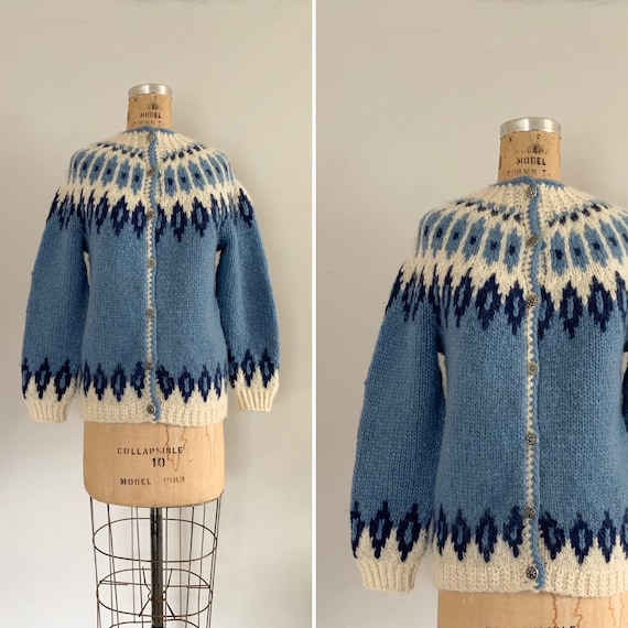 1960s Hand-knit Ikat Cardigan/ Vintage Traditional