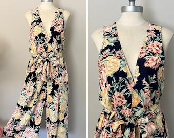 1990s Navy Floral Jumpsuit l Cropped Jumpsuit with Pockets