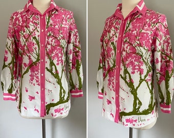 Vintage 1970s Vera Floral Cotton Blouse l Vera Cherry Blossom All Cotton Tunic Blouse M - L