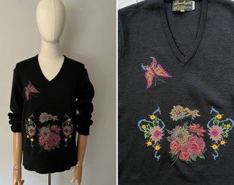 1970s / 80s Black Pullover with Embroidery | Neon Floral Cross Stitch Floral Pattern on Black Knit Pullover