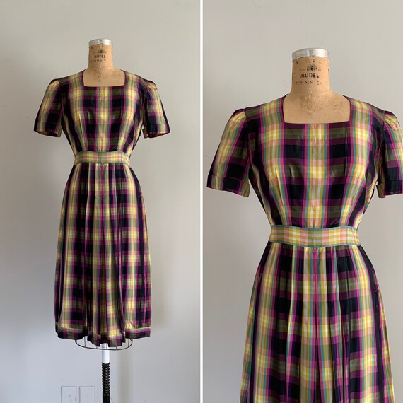 1940s Pastel Rainbow Plaid Taffeta Dress / 40s Pl
