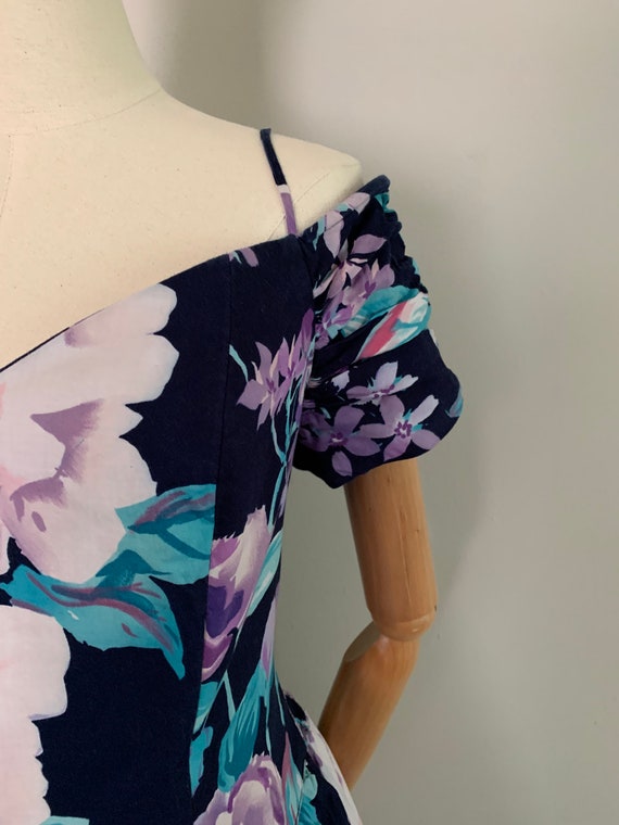 1990s Floral Cotton Off Shoulder Dress - image 5