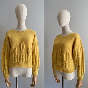 Vintage Chunky Hand Knit Soft Wool Pullover / Bright Yellow Dimensional Knit Hand Knit Sweater image 1
