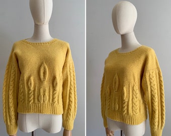 Vintage Chunky Hand Knit Soft Wool Pullover / Bright Yellow Dimensional Knit Hand Knit Sweater