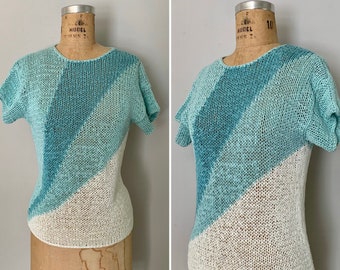 1980s aquatic colors open crochet knit pullover / 1980s James Kenrob for Dalton  pullover sweater