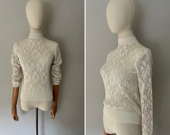 1970s Open Crochet Sweater | Neutral Open Crochet Pattern Pullover