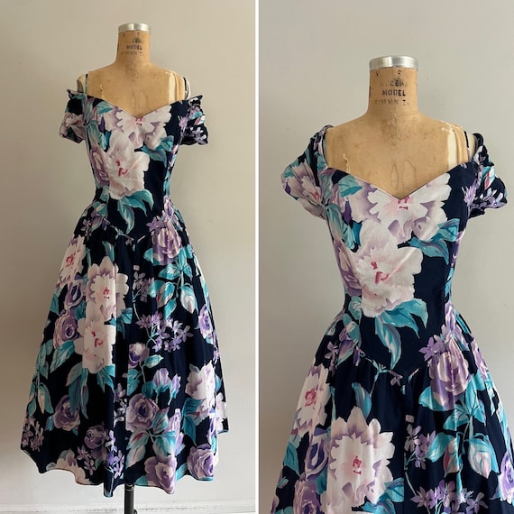 1990s Floral Cotton Off Shoulder Dress - image 1