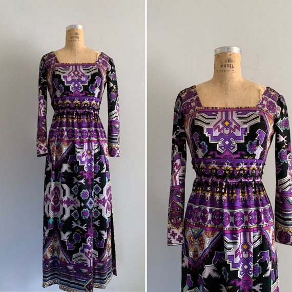 1960s Psychedelic Maxi with Zippered Side Slits /… - image 1