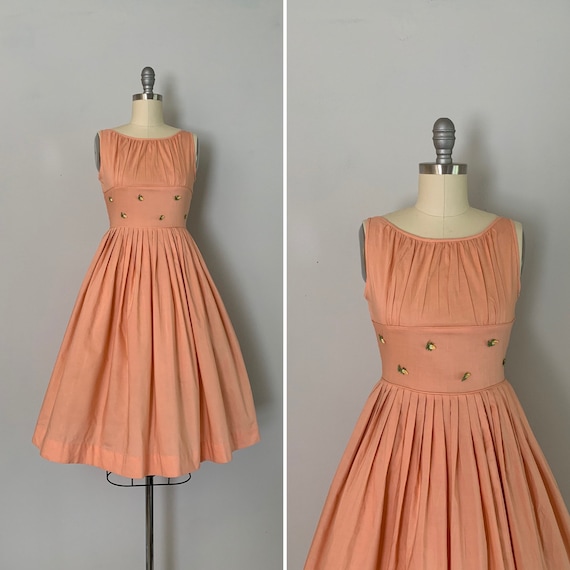 1960s Sundress / 60s Peach Cotton Fitted Waist Sun