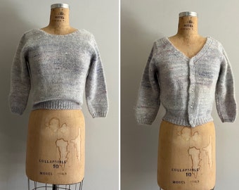 Vintage 1980s Reversible Front or Back Button Sweater l 1980s Space Knit in Icy Tones Angora Wool Sweater