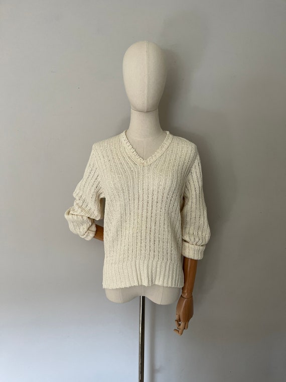 1970s Open Crochet Sweater | Neutral Open Crochet… - image 3