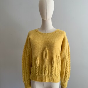 Vintage Chunky Hand Knit Soft Wool Pullover / Bright Yellow Dimensional Knit Hand Knit Sweater image 2