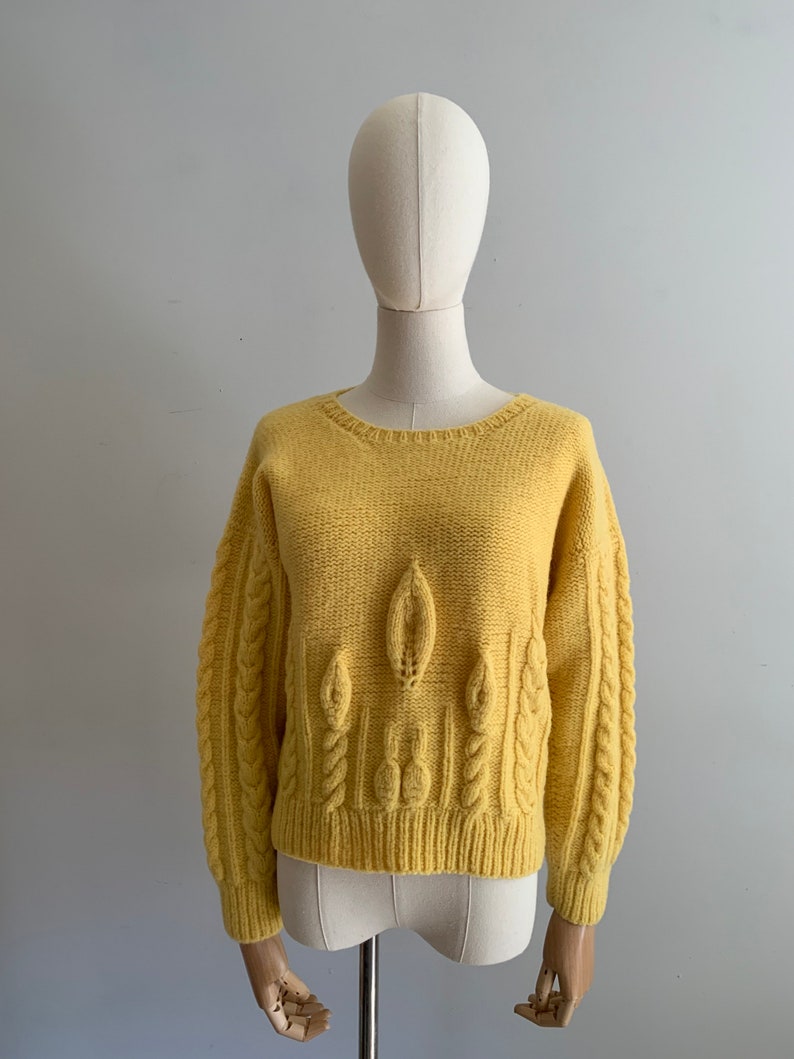 Vintage Chunky Hand Knit Soft Wool Pullover / Bright Yellow Dimensional Knit Hand Knit Sweater image 2