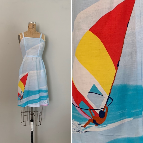 1970s Windsail Sundress / 70s Novelty Print Sundre