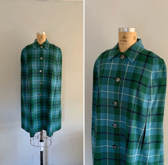 Vintage Plaid Cape / 1970s Shades of Blue and Gree