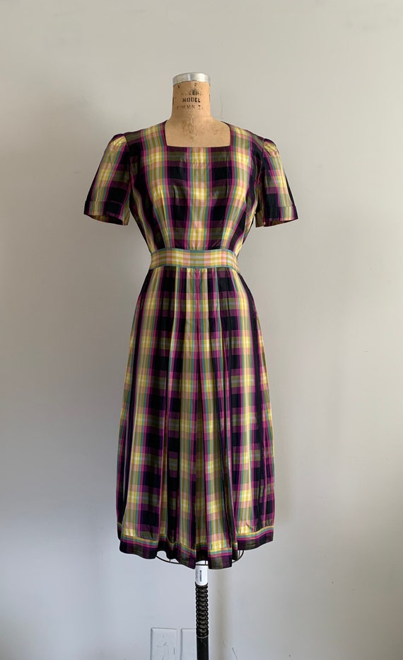 1940s Pastel Rainbow Plaid Taffeta Dress  / 40s t… - image 2