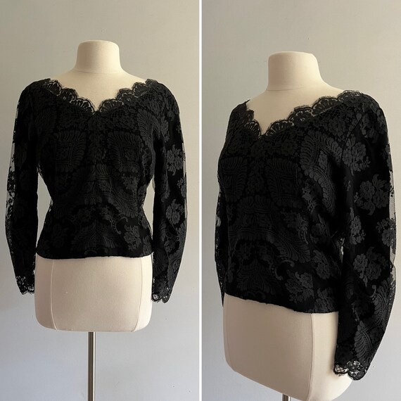 1960s Carlye Black Lace Wide Scalloped Neck Blouse