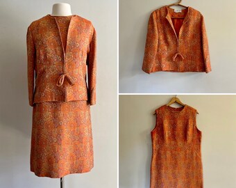 Vestido y chaqueta jacquard metálico L'Aiglon de la década de 1960 / Vestido sin mangas (jumper) y chaqueta