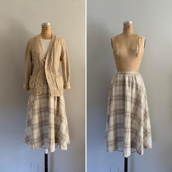 1970s Bias Cut Windowpane Plaid Wool Full Skirt /