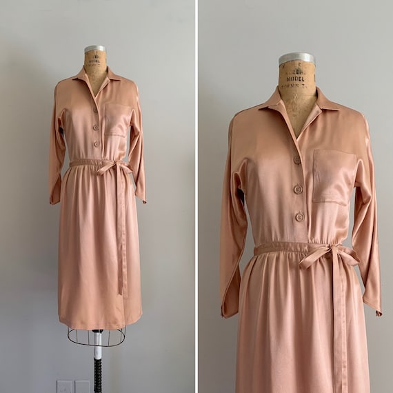 1970s Peach Quartz Charmeuse Wrap Dress / 70s Liqu