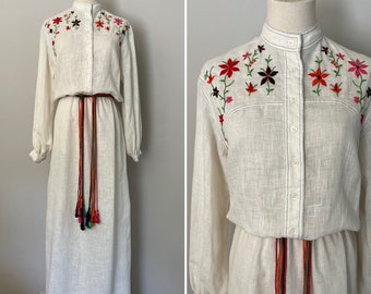 1970s Anne Klein Embroidered Dress l 70s Embroidered Maxi Dress
