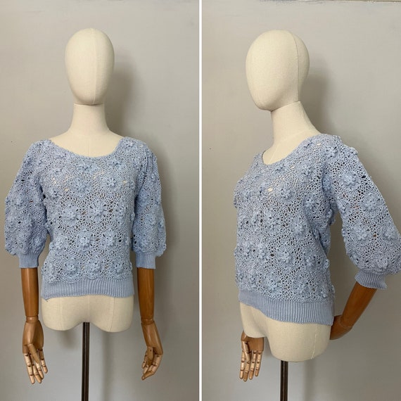 Vintage 1980s Hand Crochet Cotton Sweater / Vinta… - image 1