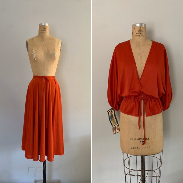 Vintage 1970s Circle Wrap Skirt and Peplum Jacket Top / 70s Deadstock "Disco" Wear Skirt and Jacket