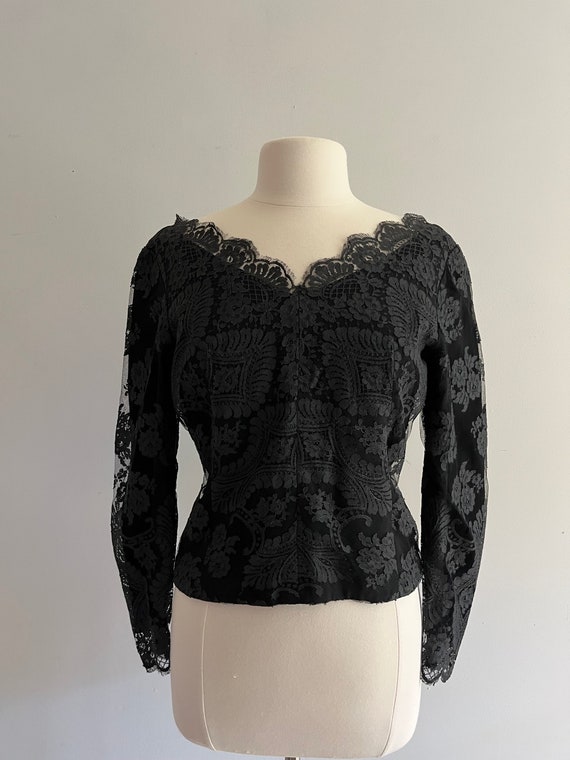 1960s Carlye Black Lace Wide Scalloped Neck Blouse - image 2