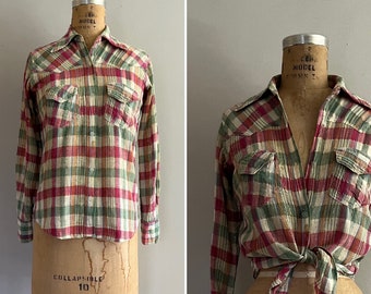1970s Cotton Gauze and Metallic Plaid Western Shirt l XS