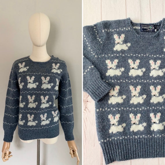 1980s intarsia knit birdseye and bunny pattern sh… - image 1