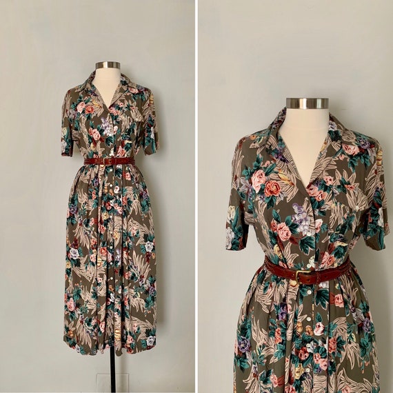 1990s Floral Shirtdress / 90s Button Front Floral