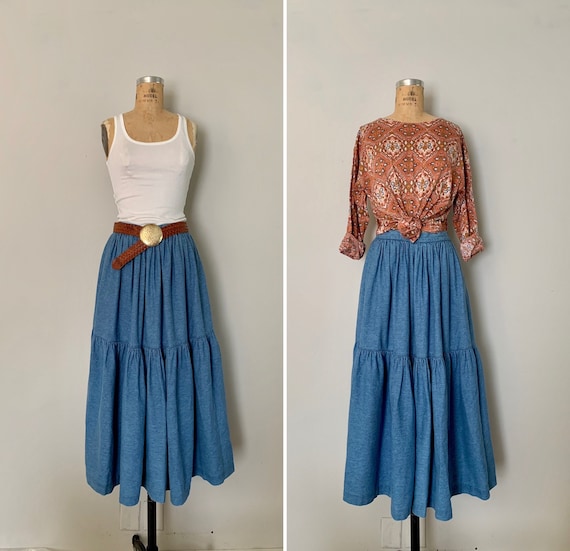 1990s Denim Prairie Maxi Skirt / 80s/90s Full Cut