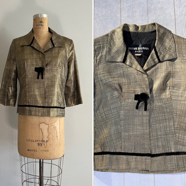 1950s Pierre Balmain Metallic Lame Short Jacket | 50s Pierre Balmain Boxy Cut Waist Jacket