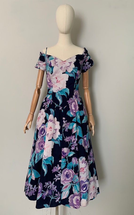 1990s Floral Cotton Off Shoulder Dress - image 3