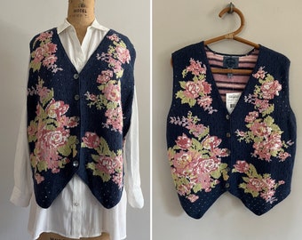 Vintage 1990s Floral Knit Sweater Vest Deadstock Jumper