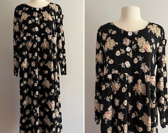 1990s Floral Rayon Sack Dress l 90s Black Floral Loose Fitting Dress