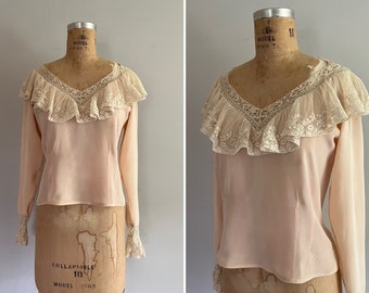 1940s Peach Rayon and Lace Blouse l 40s A Femme Design Rayon and Lace Blouse