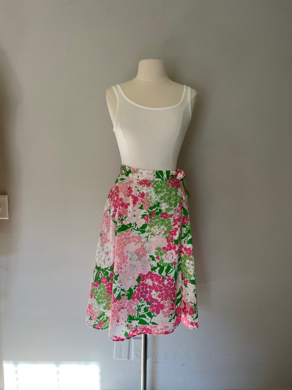 1970s Floral Wrap Skirt | 70s Pink and Green Flor… - image 2