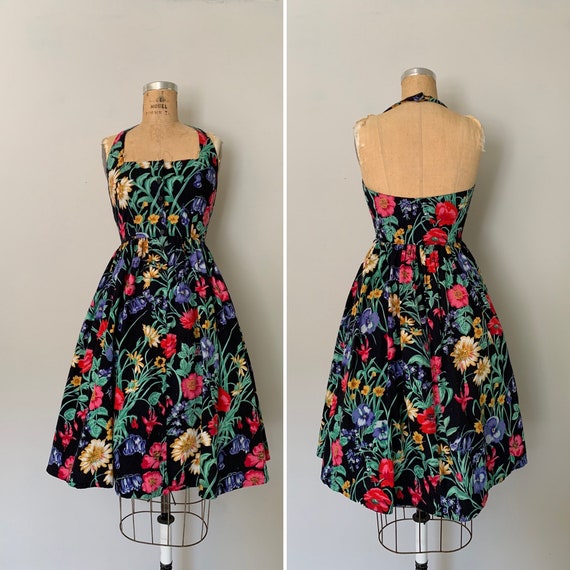 Vintage 1980s Dress / 80s Floral Halter Dress / 19