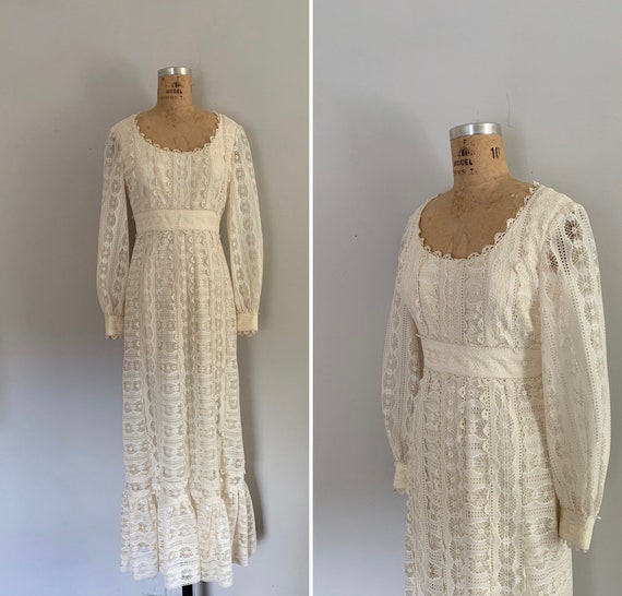 1970s Harmay Lace Prairie Dress / 70s Lace Prarie