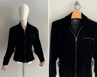 1990s Ralph Lauren Black Silk Velvet Athletic Style Leisure Jacket l 90s Black Velvet Zippered Jacket