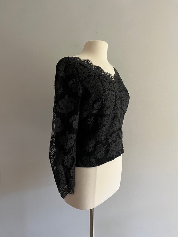 1960s Carlye Black Lace Wide Scalloped Neck Blouse - image 3