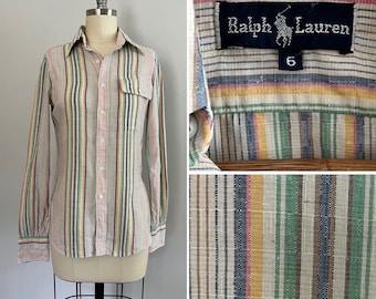 1980s Ralph Lauren Pastel Striped Cotton and Silk Button Up l XS