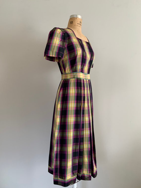 1940s Pastel Rainbow Plaid Taffeta Dress  / 40s t… - image 7