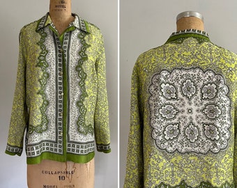 Vintage 1970s Alex Coleman bufanda impresión blusa l 1970s túnica blusa M - L